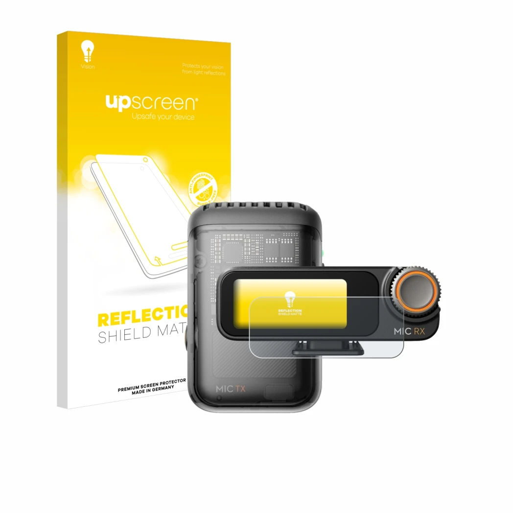 Parte frontale di una confezione del prodotto con il logo del marchio upscreen. Accanto è raffigurato il dispositivo DJI Mic 2