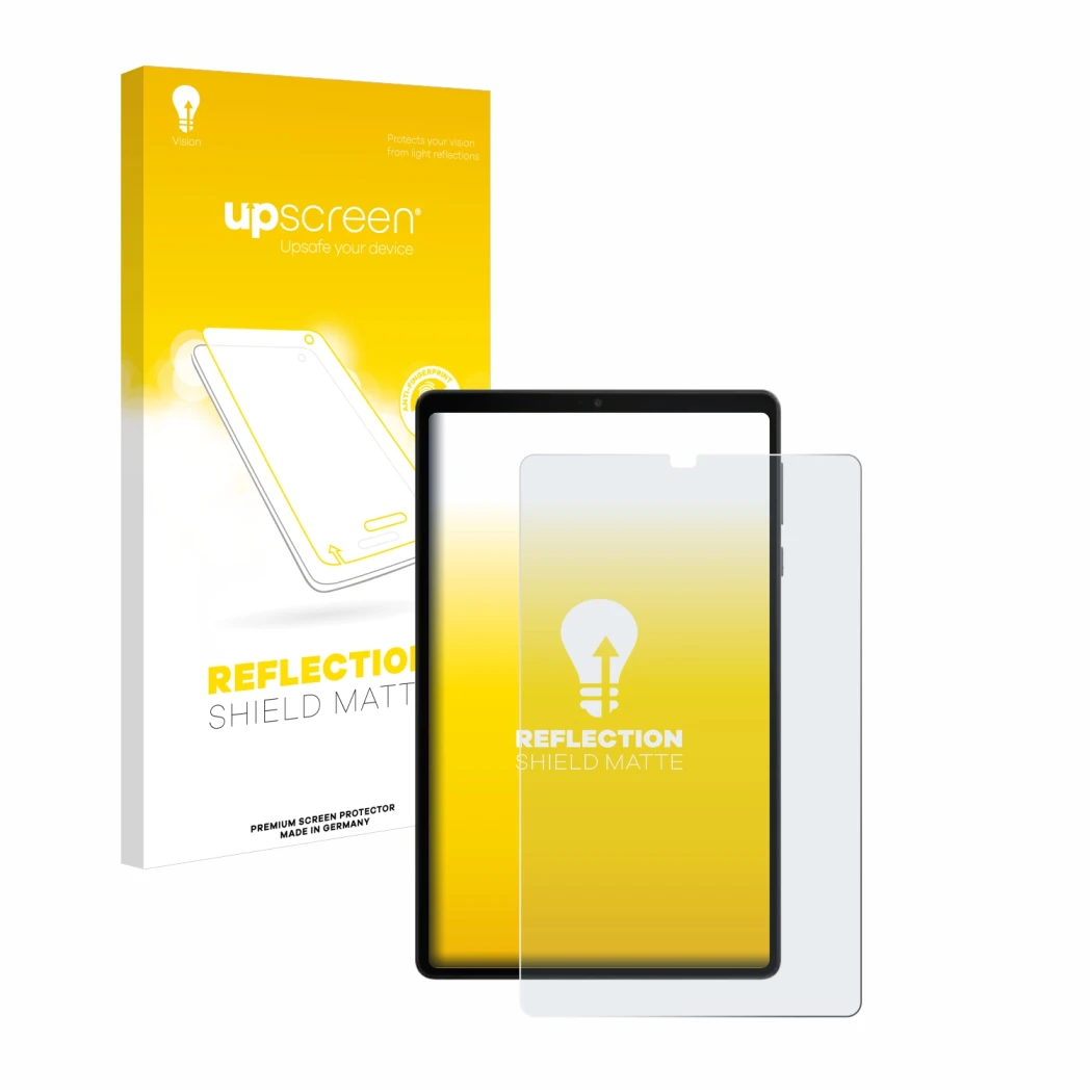 Parte frontale di una confezione del prodotto con il logo del marchio upscreen. Accanto è raffigurato il dispositivo Lenovo Le