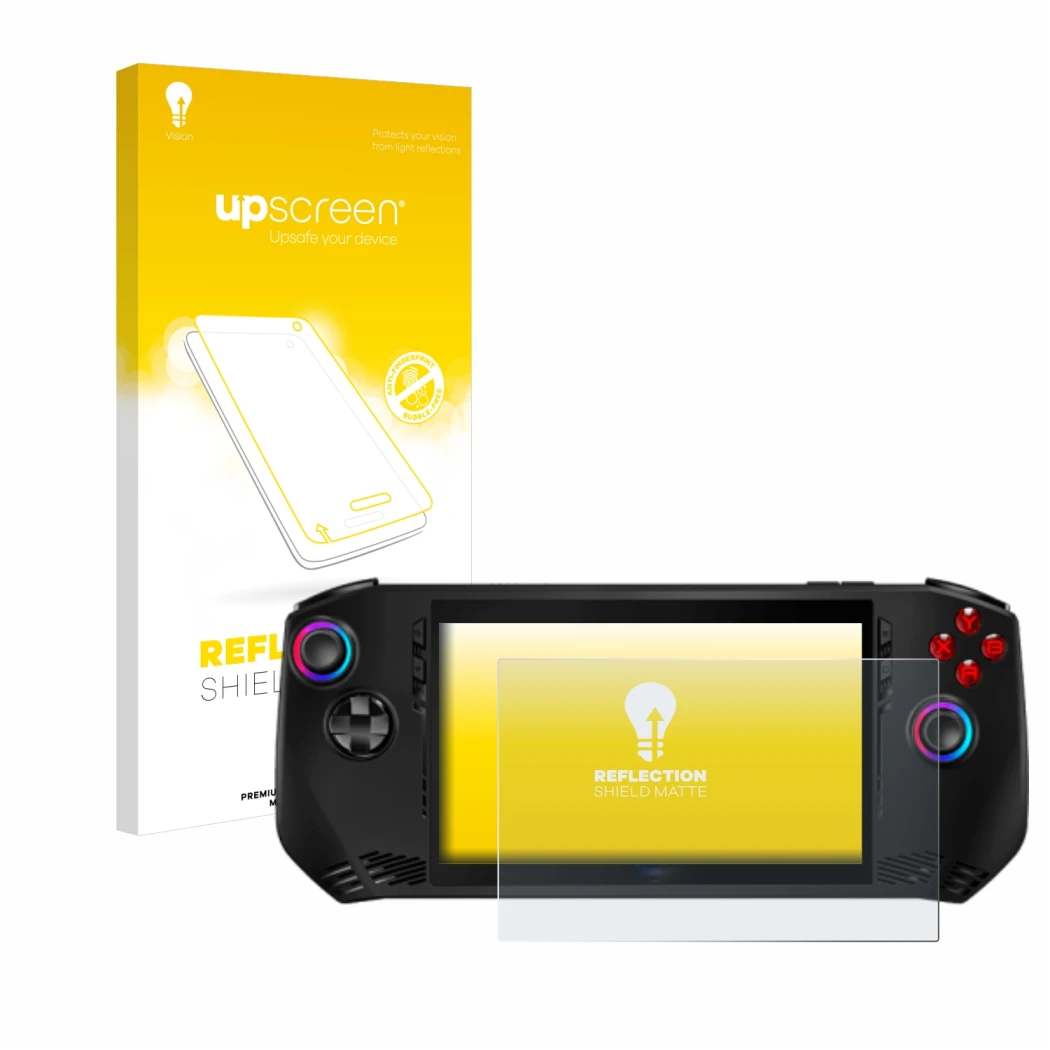 Parte frontale di una confezione del prodotto con il logo del marchio upscreen. Accanto è raffigurato il dispositivo MSI Claw