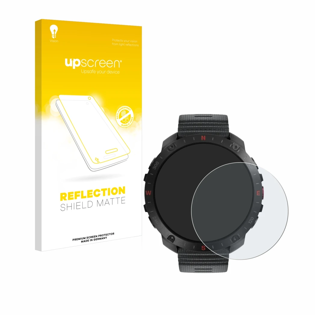 Parte frontale di una confezione del prodotto con il logo del marchio upscreen. Accanto è raffigurato il dispositivo Polar Gri