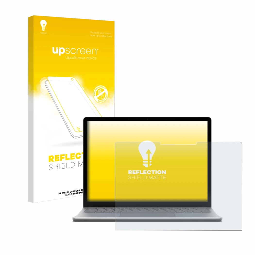Parte frontale di una confezione del prodotto con il logo del marchio upscreen. Accanto è raffigurato il dispositivo Microsoft