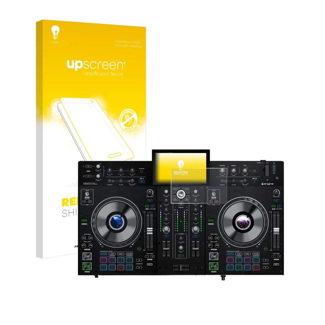 Parte frontale di una confezione del prodotto con il logo del marchio upscreen. Accanto è raffigurato il dispositivo Denon DJ