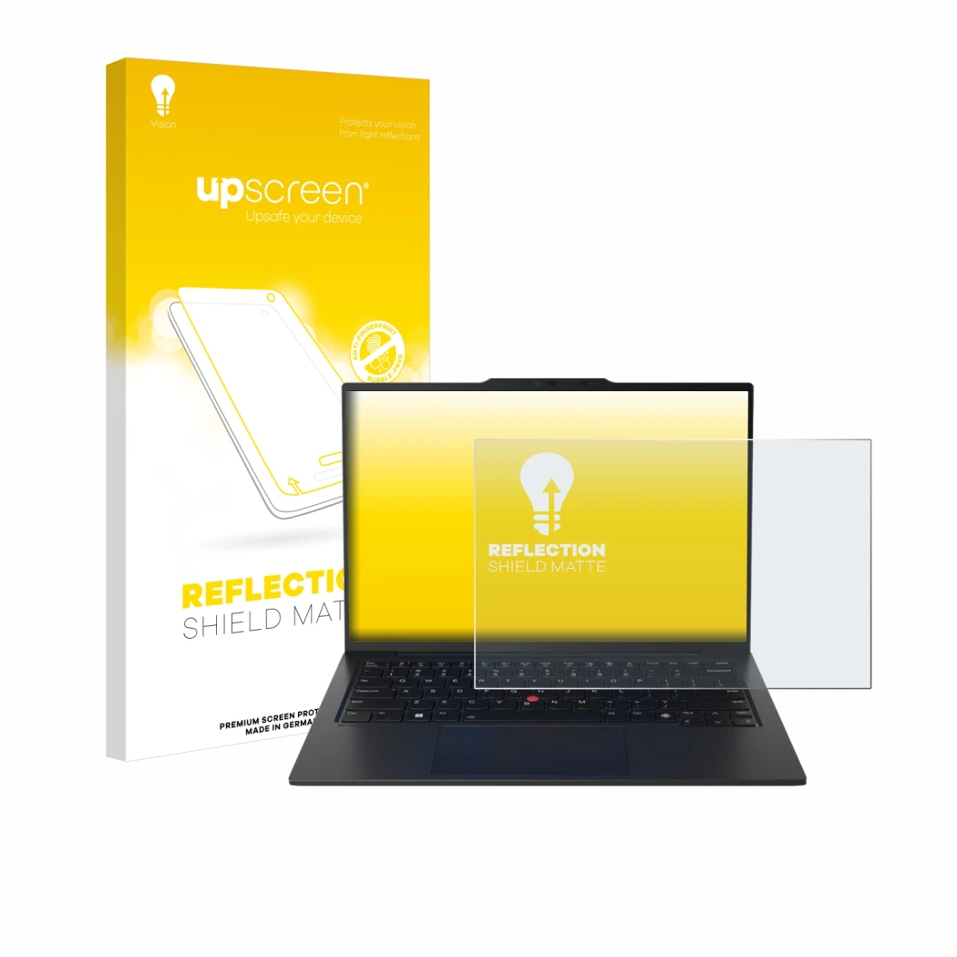 Parte frontale di una confezione del prodotto con il logo del marchio upscreen. Accanto è raffigurato il dispositivo Lenovo Th