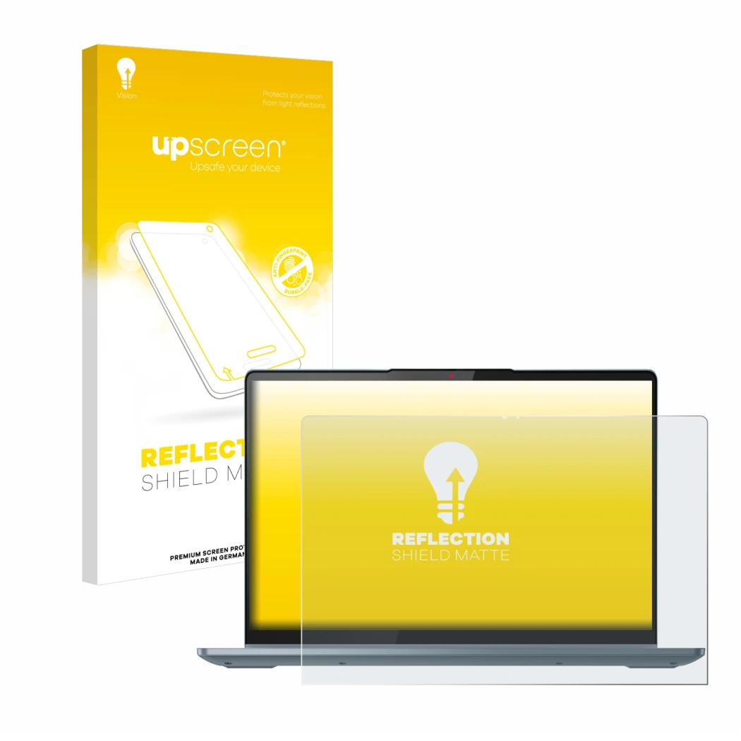 Parte frontale di una confezione del prodotto con il logo del marchio upscreen. Accanto è raffigurato il dispositivo Lenovo Id