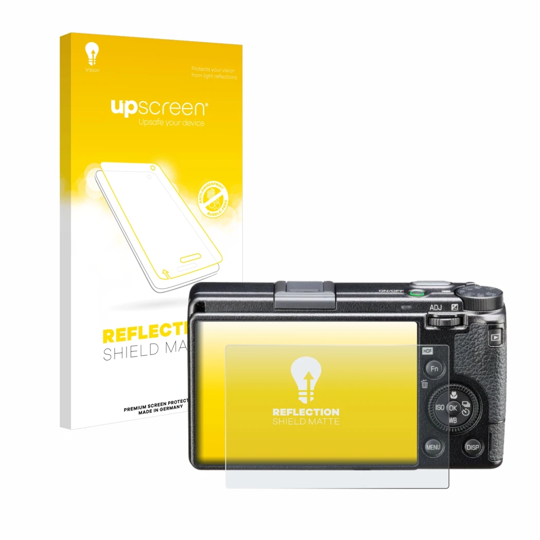 Parte frontale di una confezione del prodotto con il logo del marchio upscreen. Accanto è raffigurato il dispositivo Ricoh GR