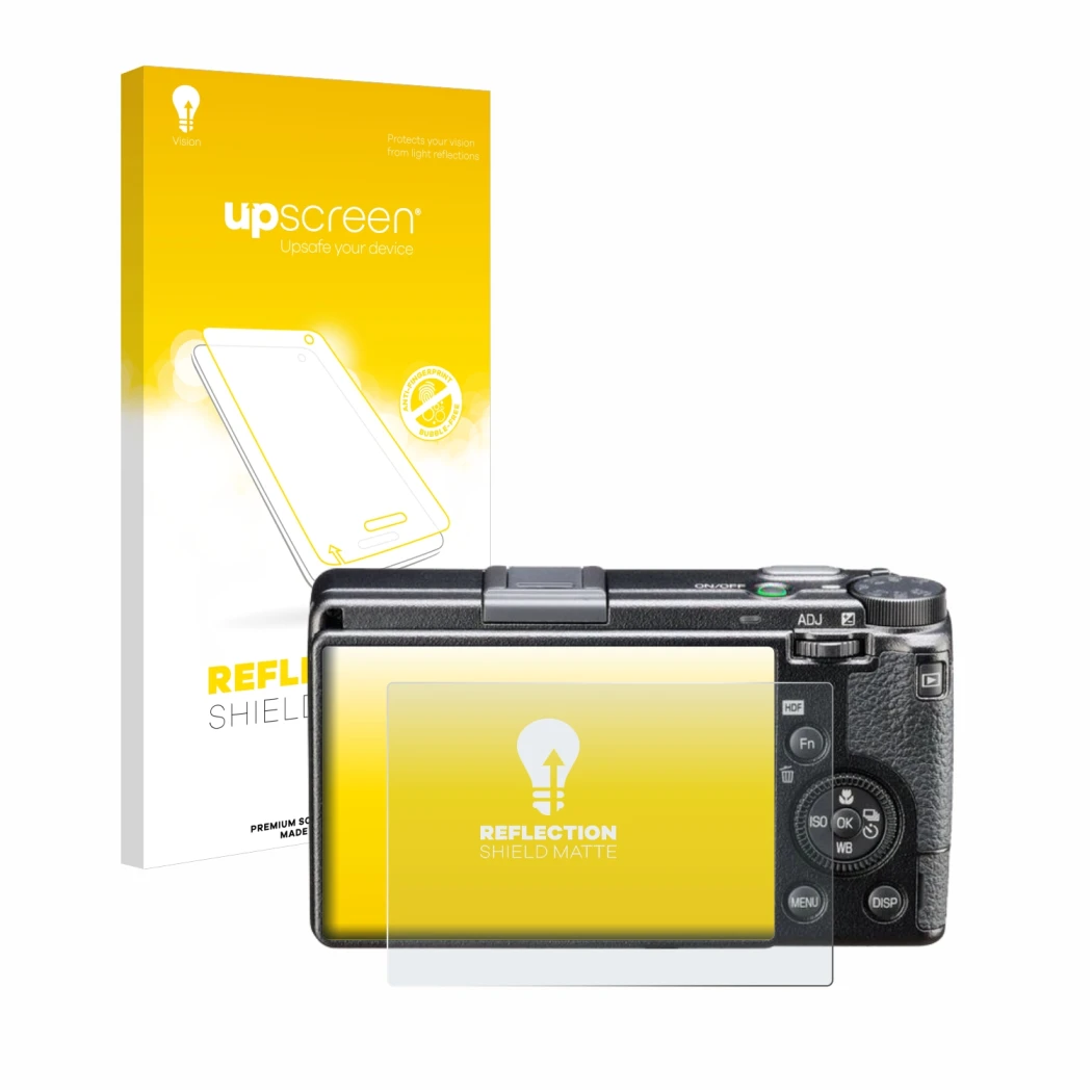 Parte frontale di una confezione del prodotto con il logo del marchio upscreen. Accanto è raffigurato il dispositivo Ricoh GR