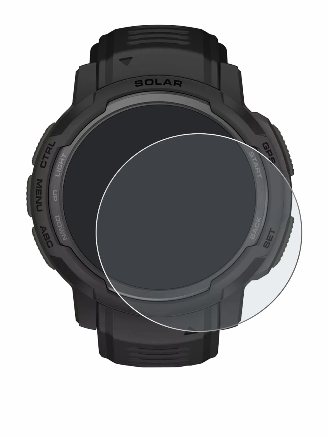 Immagine del dispositivo Garmin Instinct Crossover Solar con un'ampia varietà di protezioni per lo schermo.