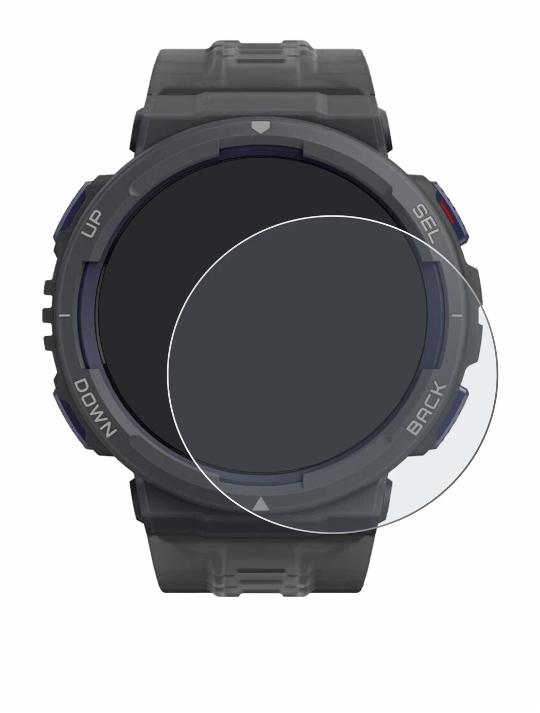 Immagine del dispositivo Amazfit Active Edge con un'ampia varietà di protezioni per lo schermo.