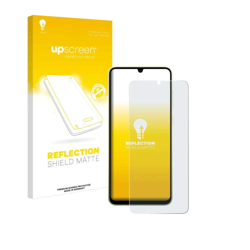 Parte frontale di una confezione del prodotto con il logo del marchio upscreen. Accanto è raffigurato il dispositivo Samsung G