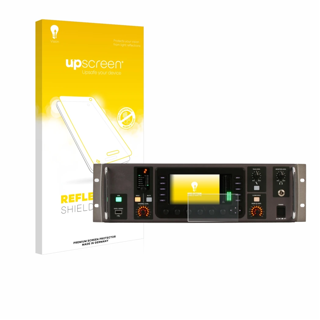 Parte frontale di una confezione del prodotto con il logo del marchio upscreen. Accanto è raffigurato il dispositivo Behringer