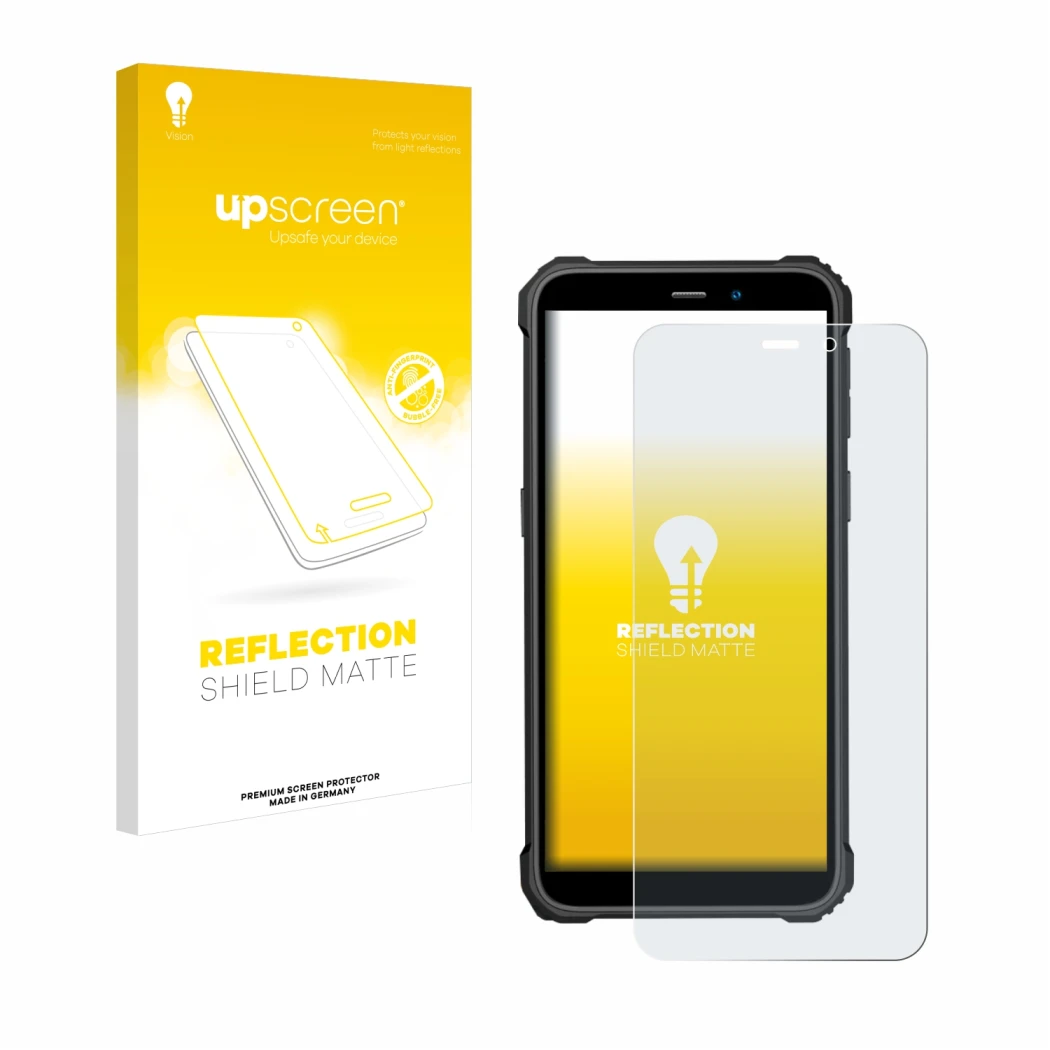 Parte frontale di una confezione del prodotto con il logo del marchio upscreen. Accanto è raffigurato il dispositivo Oukitel W
