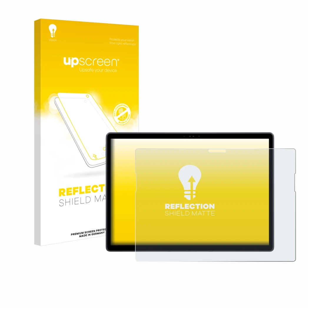 Parte frontale di una confezione del prodotto con il logo del marchio upscreen. Accanto è raffigurato il dispositivo Dell Lati