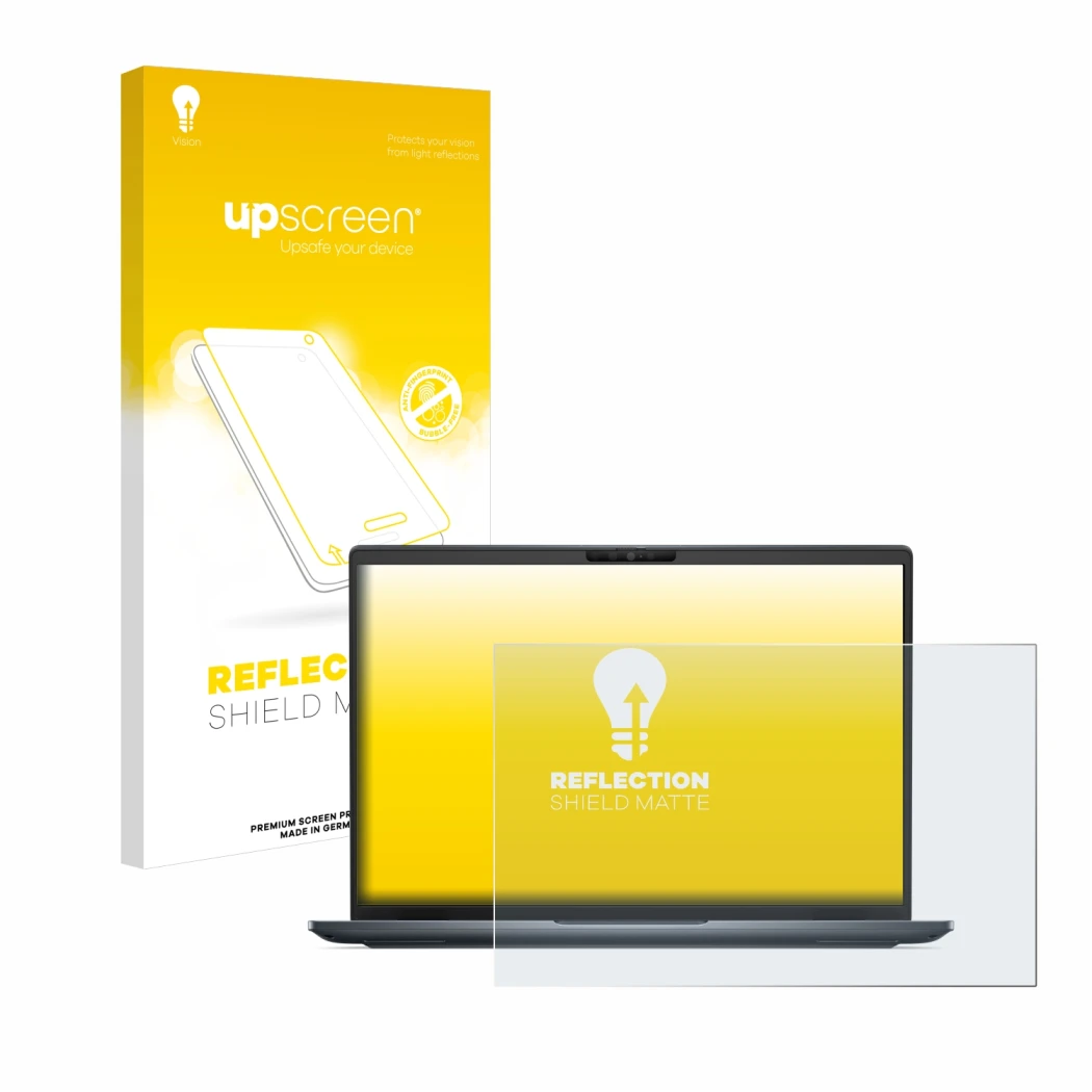 Parte frontale di una confezione del prodotto con il logo del marchio upscreen. Accanto è raffigurato il dispositivo Dell Lati