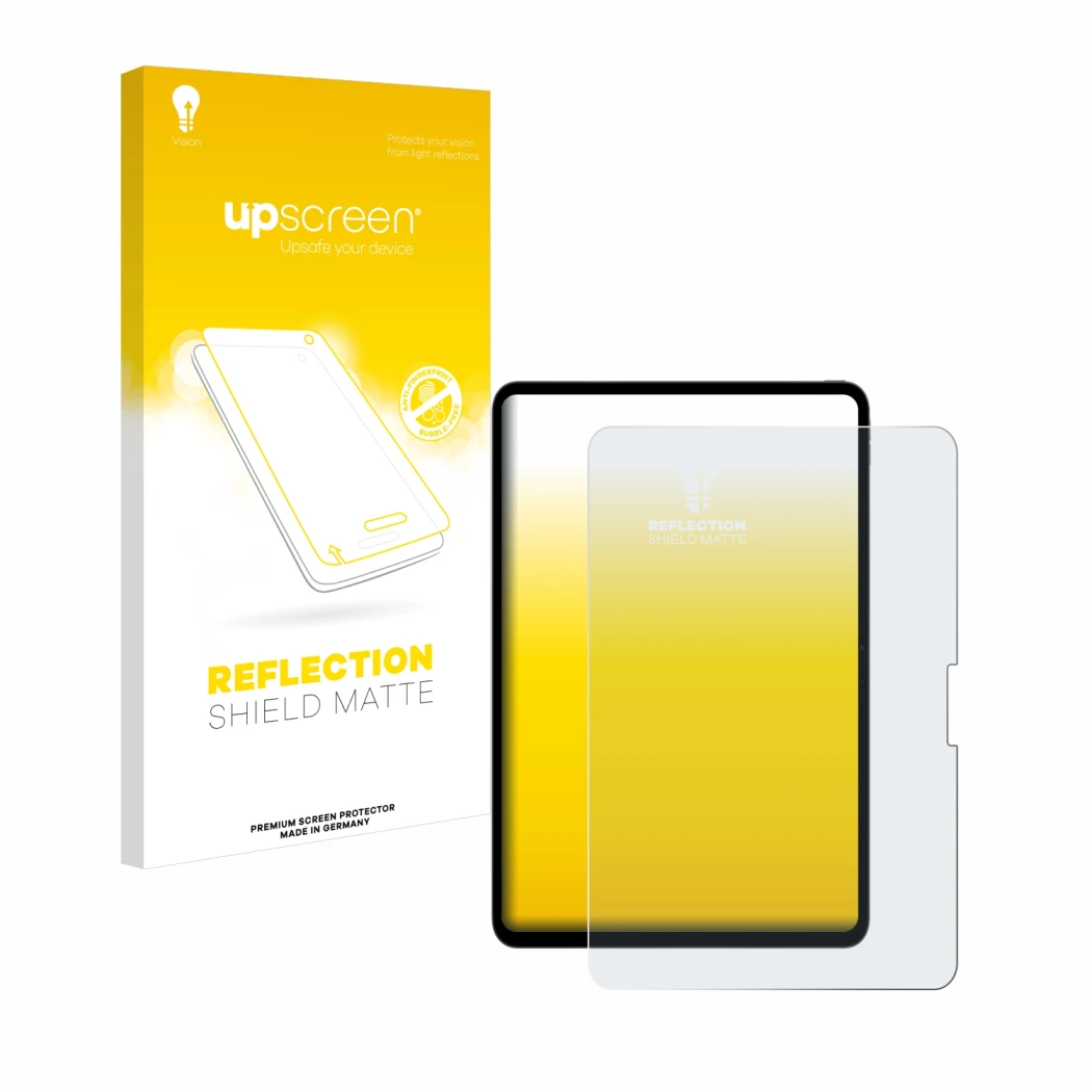 Parte frontale di una confezione del prodotto con il logo del marchio upscreen. Accanto è raffigurato il dispositivo Apple iPa