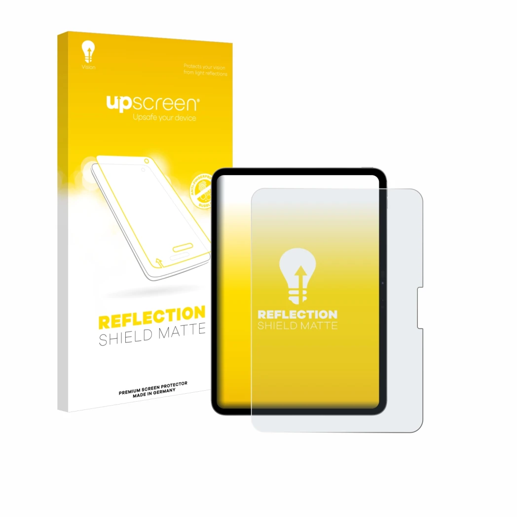 Parte frontale di una confezione del prodotto con il logo del marchio upscreen. Accanto è raffigurato il dispositivo Apple iPa