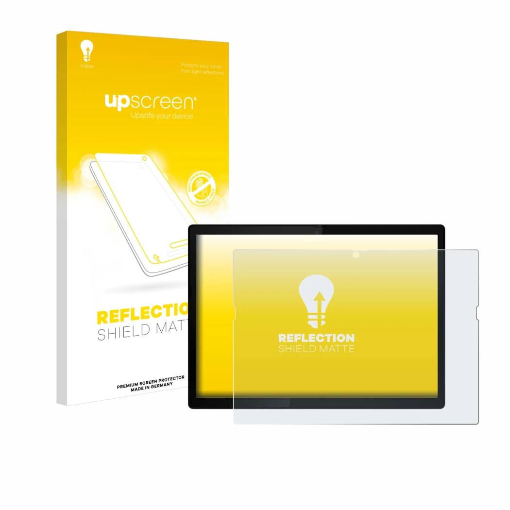 Parte frontale di una confezione del prodotto con il logo del marchio upscreen. Accanto è raffigurato il dispositivo Lenovo Th