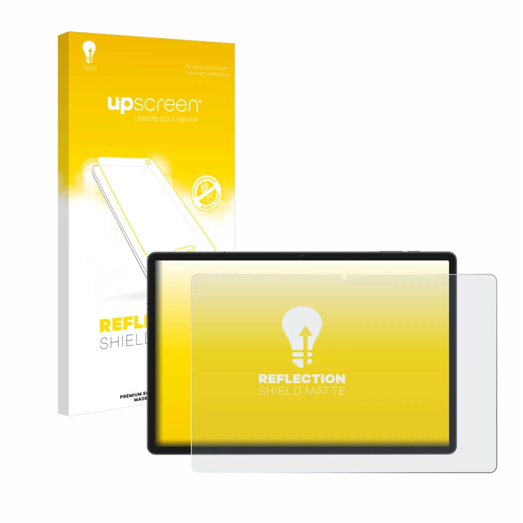 Parte frontale di una confezione del prodotto con il logo del marchio upscreen. Accanto è raffigurato il dispositivo Teclast T