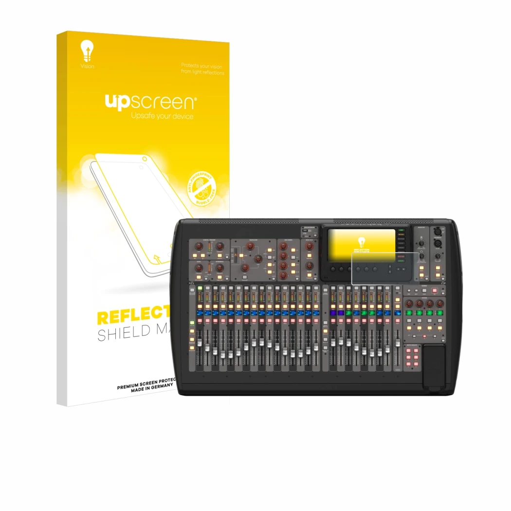 Parte frontale di una confezione del prodotto con il logo del marchio upscreen. Accanto è raffigurato il dispositivo Behringer