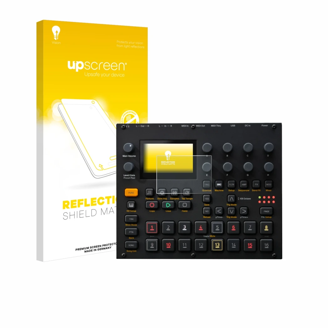 Parte frontale di una confezione del prodotto con il logo del marchio upscreen. Accanto è raffigurato il dispositivo Elektron