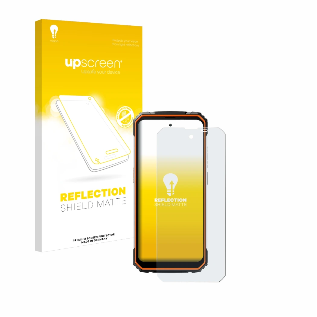 Parte frontale di una confezione del prodotto con il logo del marchio upscreen. Accanto è raffigurato il dispositivo Blackview