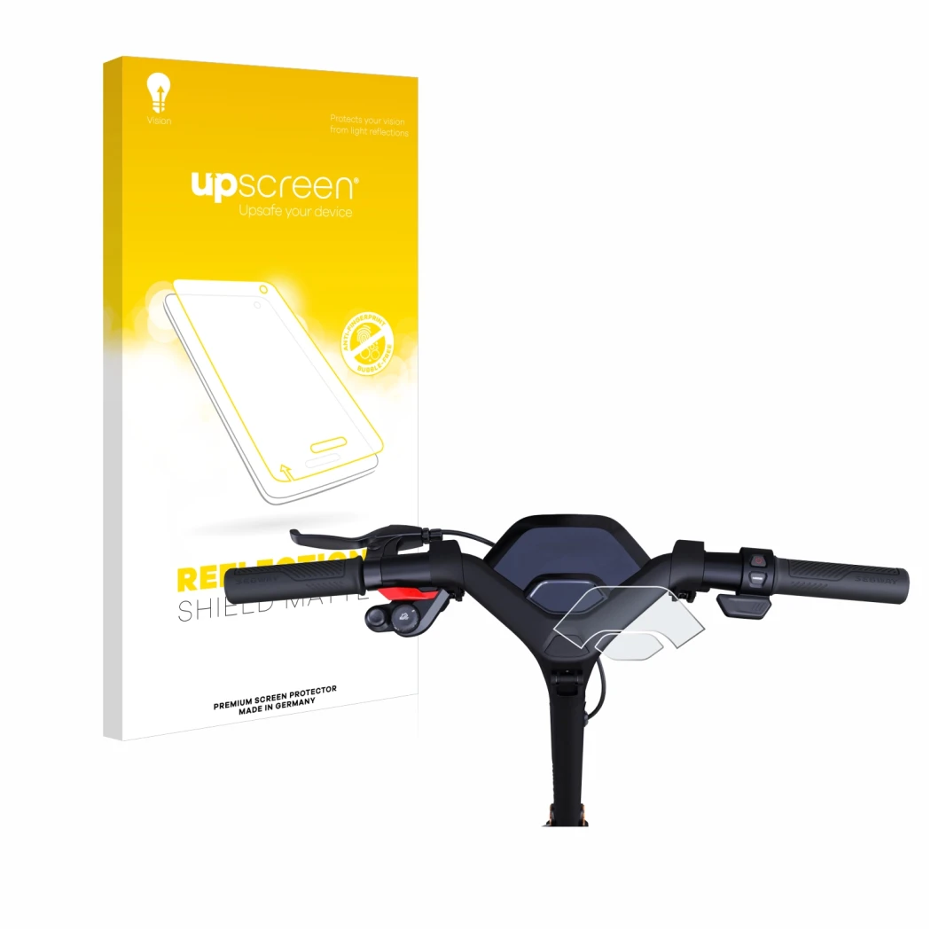 Parte frontale di una confezione del prodotto con il logo del marchio upscreen. Accanto è raffigurato il dispositivo Segway Ni