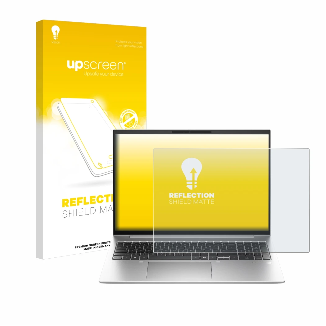 Parte frontale di una confezione del prodotto con il logo del marchio upscreen. Accanto è raffigurato il dispositivo HP EliteB