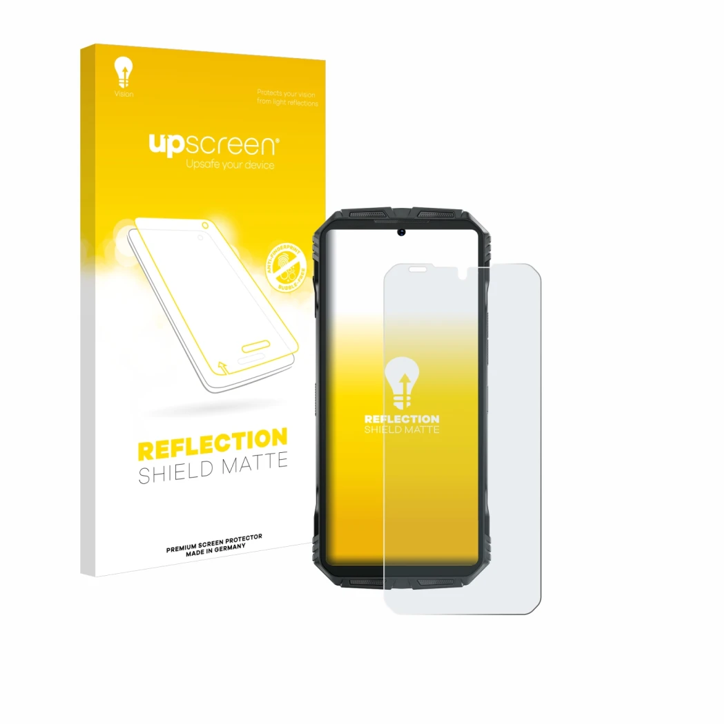 Parte frontale di una confezione del prodotto con il logo del marchio upscreen. Accanto è raffigurato il dispositivo Doogee S 