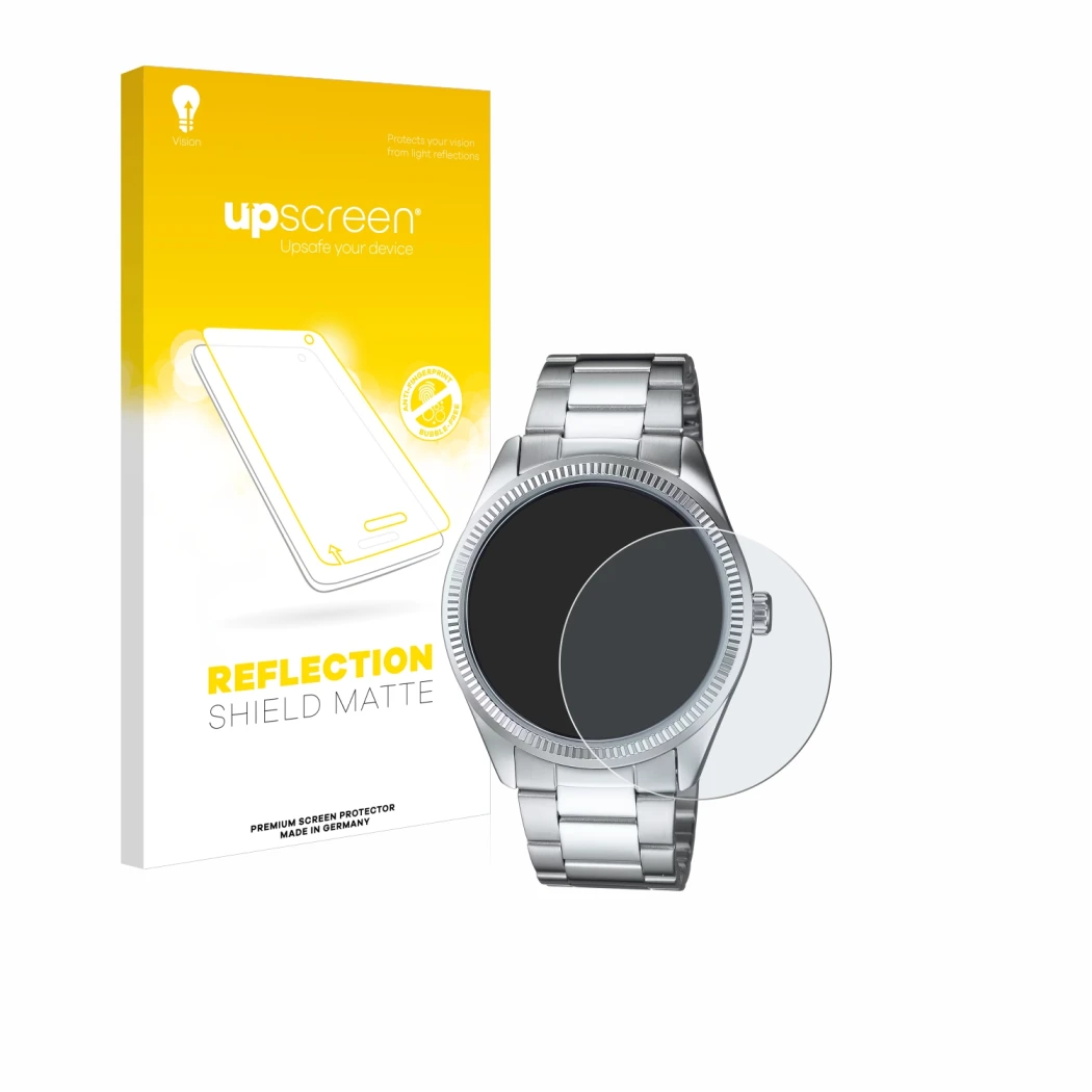 Parte frontale di una confezione del prodotto con il logo del marchio upscreen. Accanto è raffigurato il dispositivo Casio MTP