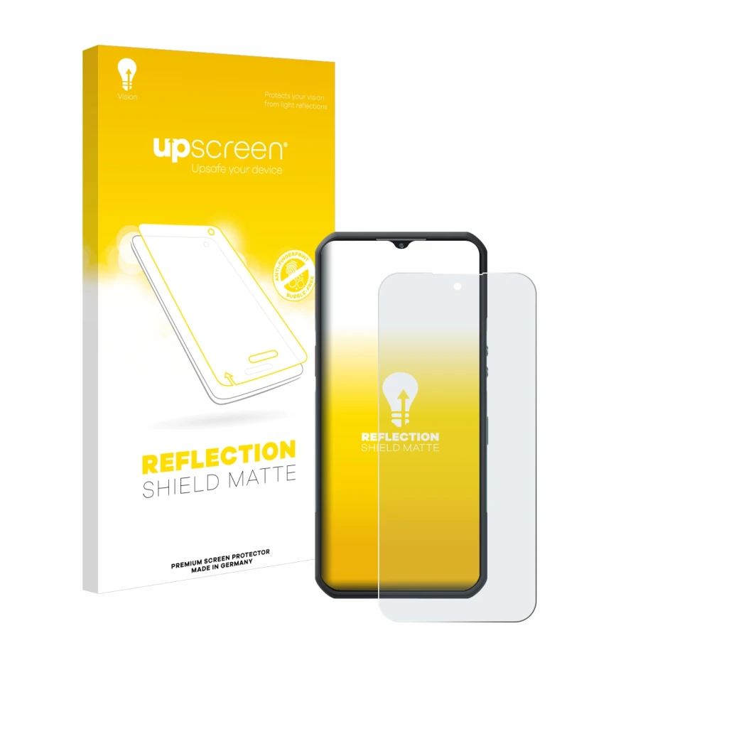 Parte frontale di una confezione del prodotto con il logo del marchio upscreen. Accanto è raffigurato il dispositivo Oukitel W