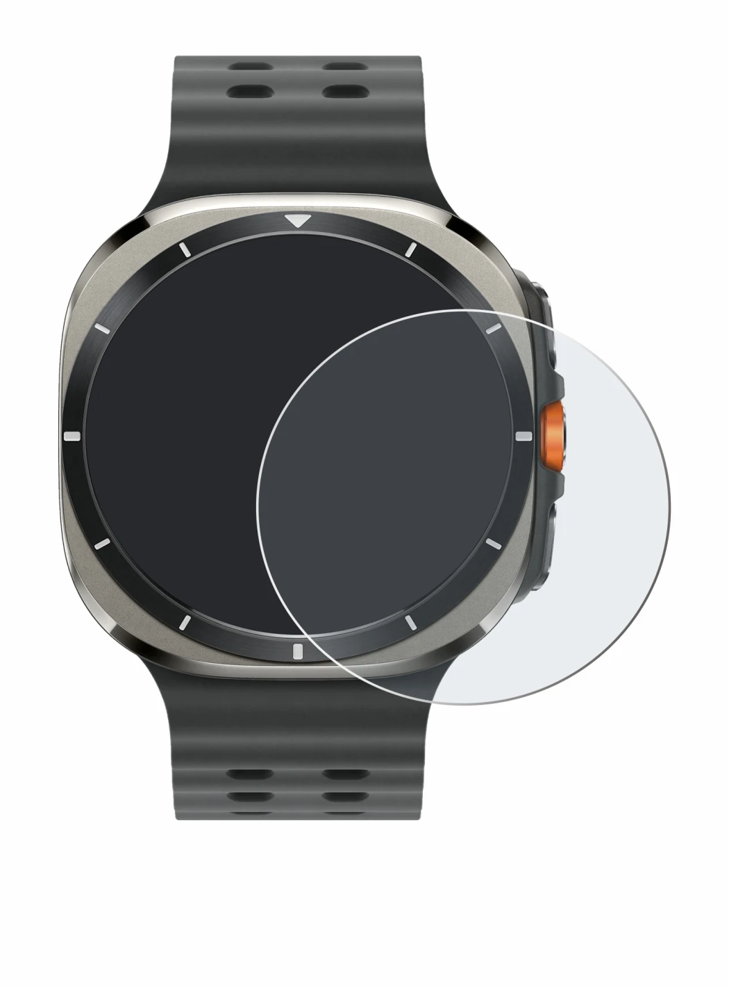 Immagine del dispositivo Samsung Galaxy Watch Ultra (47 mm) con un'ampia varietà di protezioni per lo schermo.