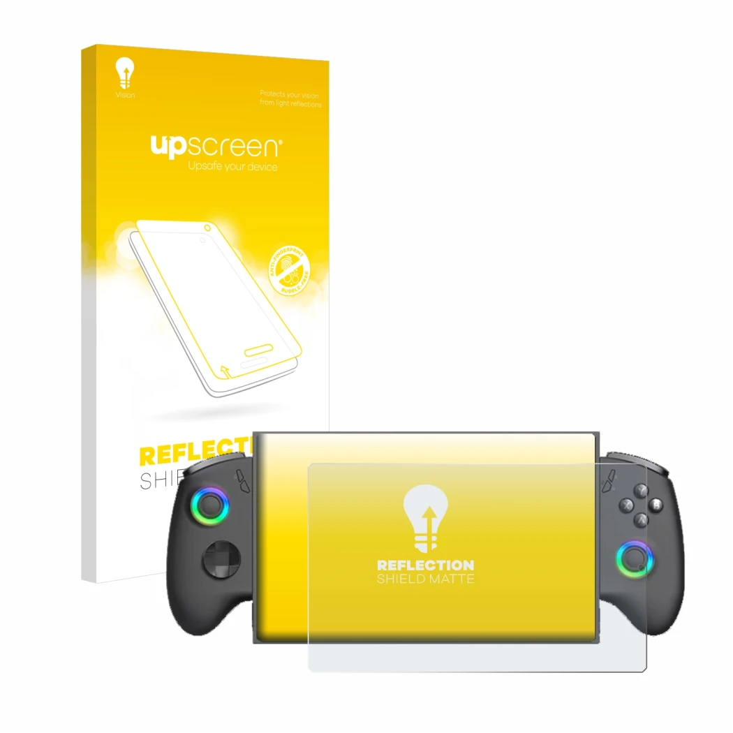 Parte frontale di una confezione del prodotto con il logo del marchio upscreen. Accanto è raffigurato il dispositivo OneXPlaye