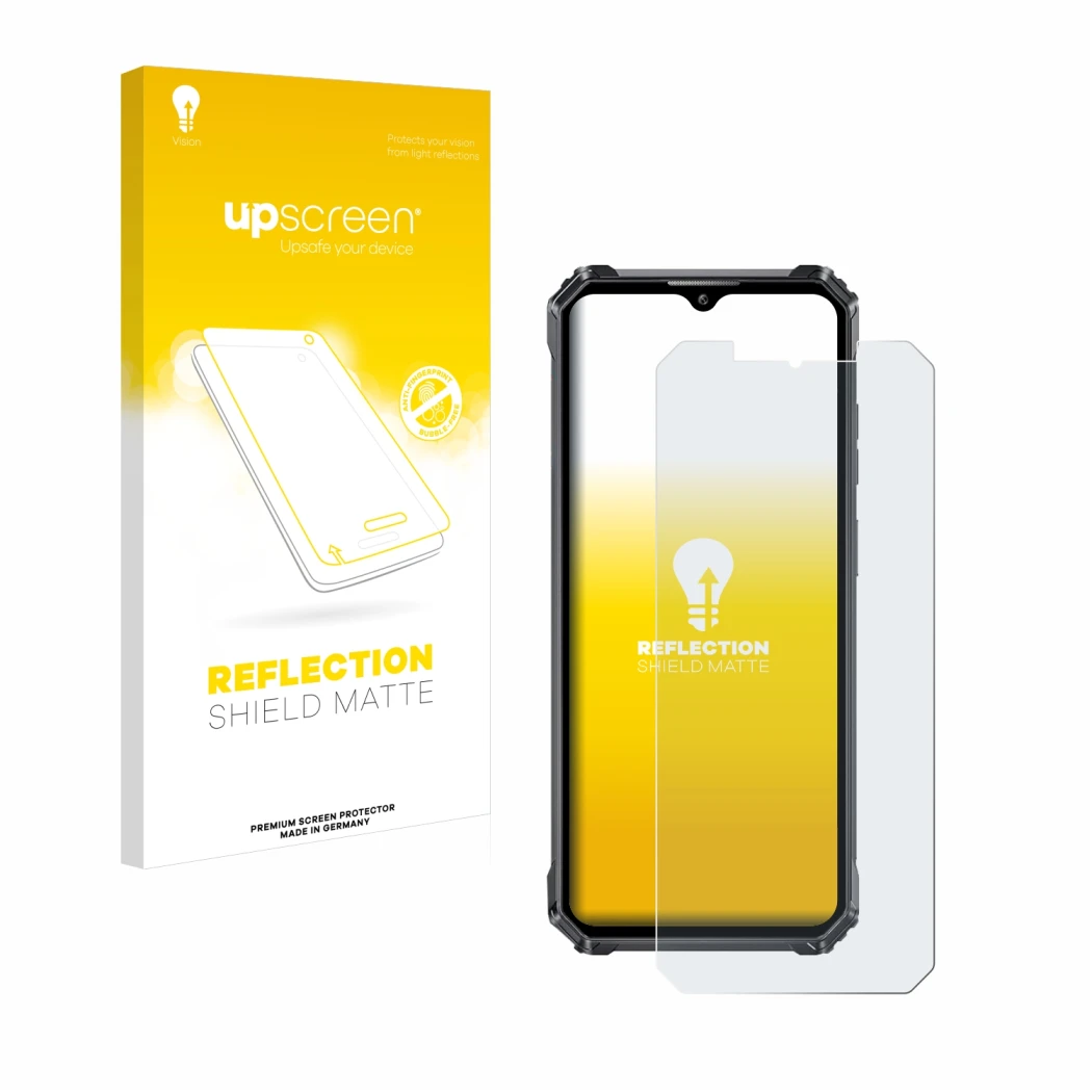 Parte frontale di una confezione del prodotto con il logo del marchio upscreen. Accanto è raffigurato il dispositivo Oukitel W