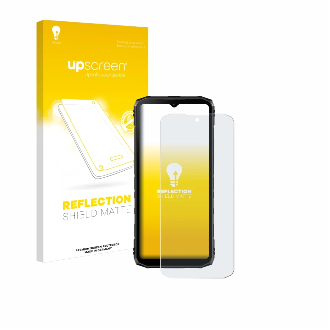 Parte frontale di una confezione del prodotto con il logo del marchio upscreen. Accanto è raffigurato il dispositivo Doogee Bl