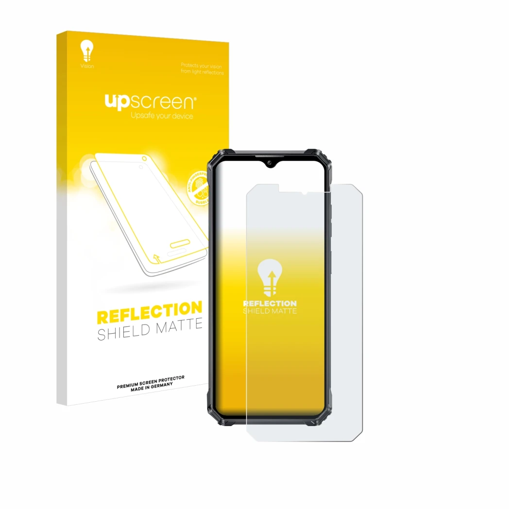 Parte frontale di una confezione del prodotto con il logo del marchio upscreen. Accanto è raffigurato il dispositivo Oukitel W