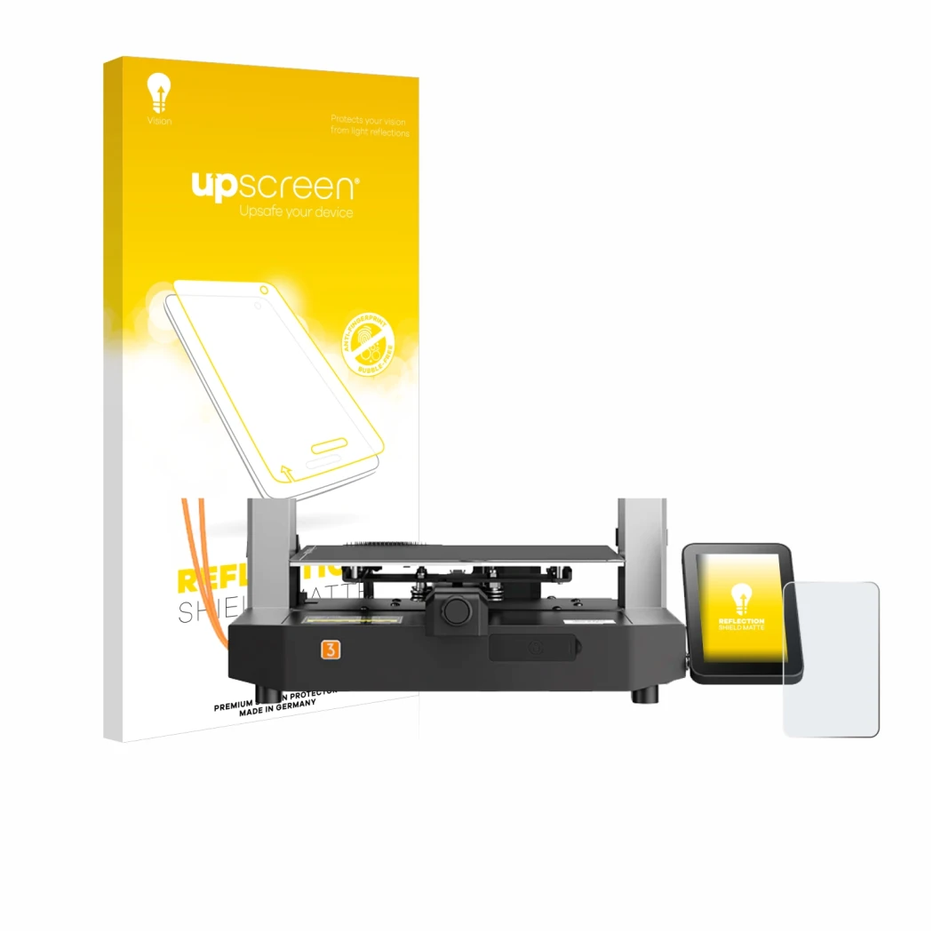 Parte frontale di una confezione del prodotto con il logo del marchio upscreen. Accanto è raffigurato il dispositivo Anycubic