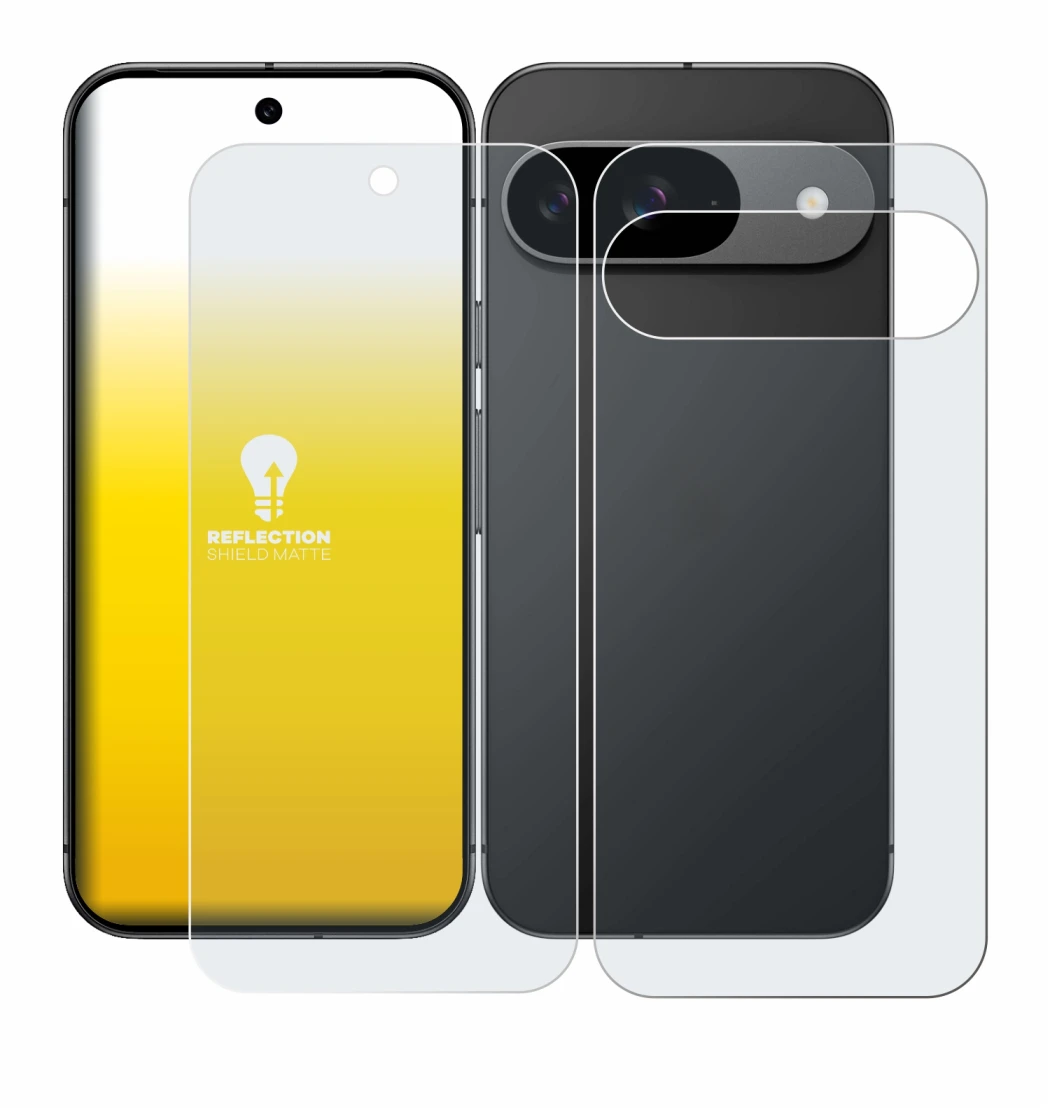 Immagine del dispositivo Google Pixel 9 (Fronte+Retro) con un'ampia varietà di protezioni per lo schermo.