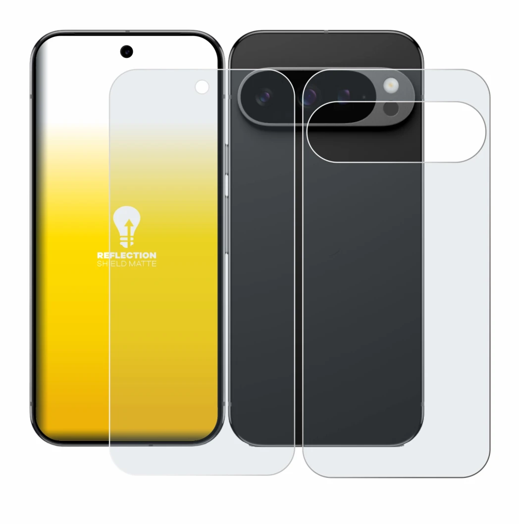 Immagine del dispositivo Google Pixel 9 Pro (Fronte+Retro) con un'ampia varietà di protezioni per lo schermo.