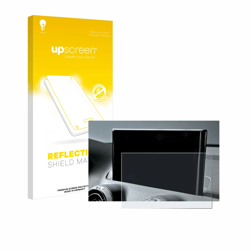 Parte frontale di una confezione del prodotto con il logo del marchio upscreen. Accanto è raffigurato il dispositivo Audi Q2 F
