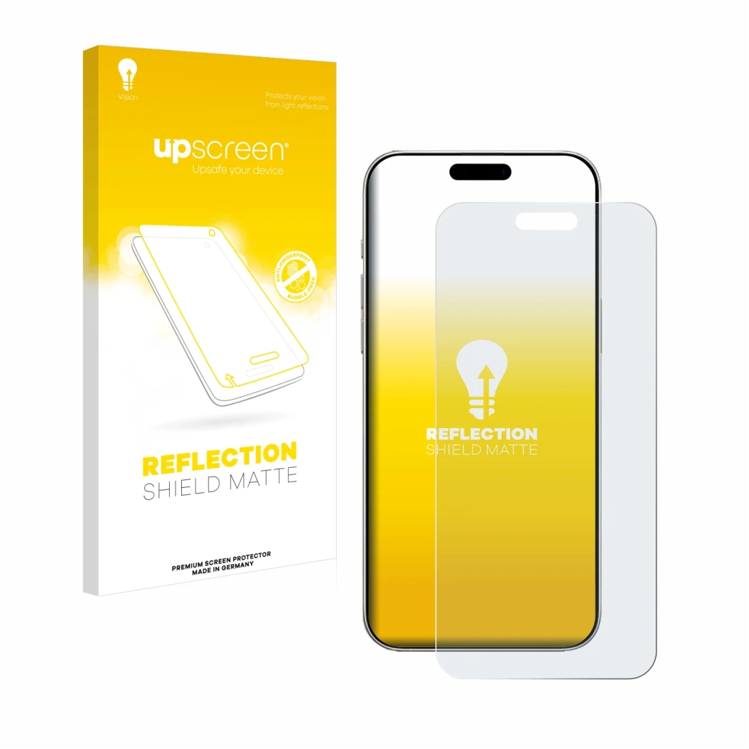 Parte frontale di una confezione del prodotto con il logo del marchio upscreen. Accanto è raffigurato il dispositivo Apple iPh