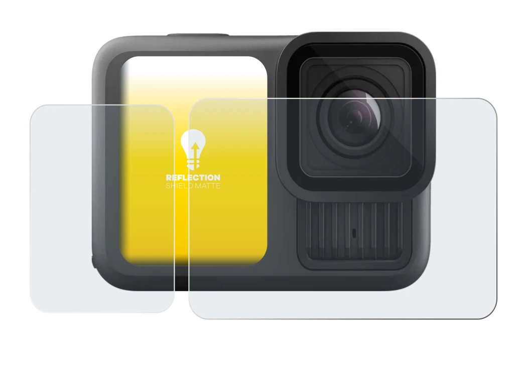 Immagine del dispositivo GoPro Hero 13 Black con un'ampia varietà di protezioni per lo schermo.