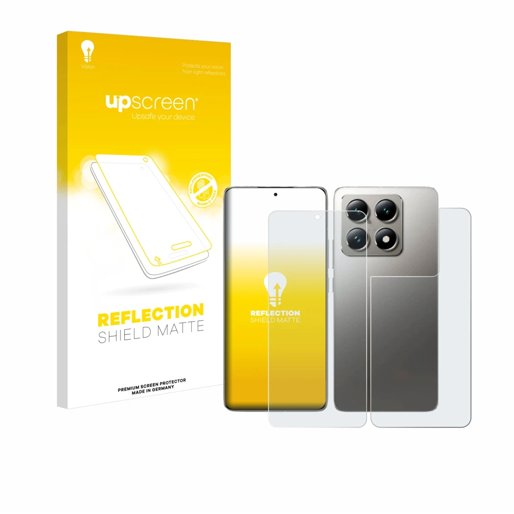 Parte frontale di una confezione del prodotto con il logo del marchio upscreen. Accanto è raffigurato il dispositivo Xiaomi 14