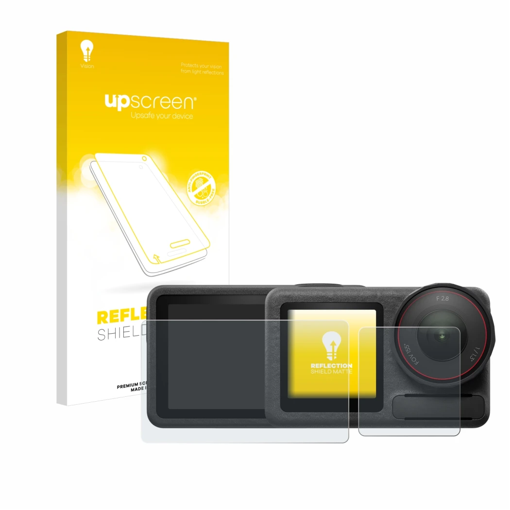 Parte frontale di una confezione del prodotto con il logo del marchio upscreen. Accanto è raffigurato il dispositivo DJI Osmo 