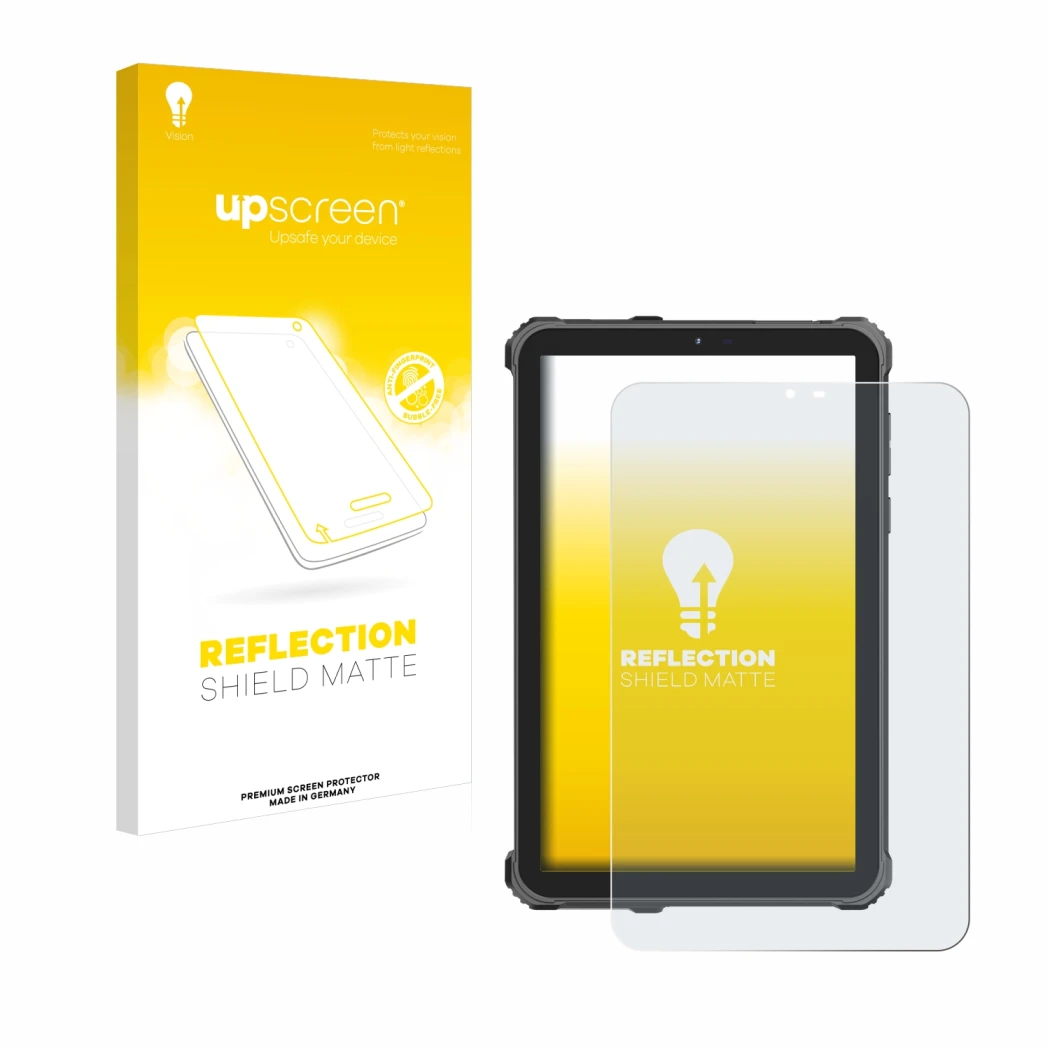 Parte frontale di una confezione del prodotto con il logo del marchio upscreen. Accanto è raffigurato il dispositivo Oukitel R