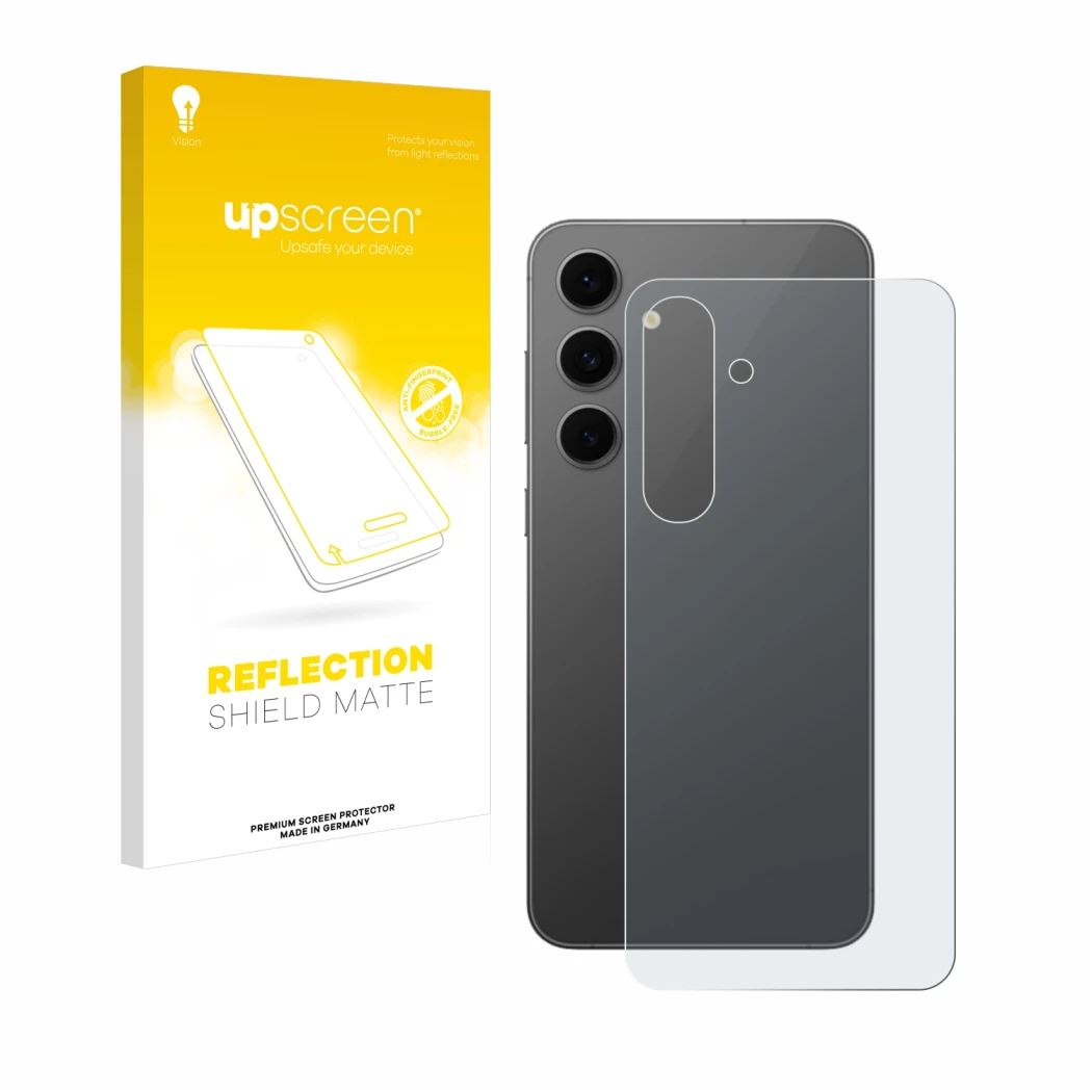 Parte frontale di una confezione del prodotto con il logo del marchio upscreen. Accanto è raffigurato il dispositivo Samsung G