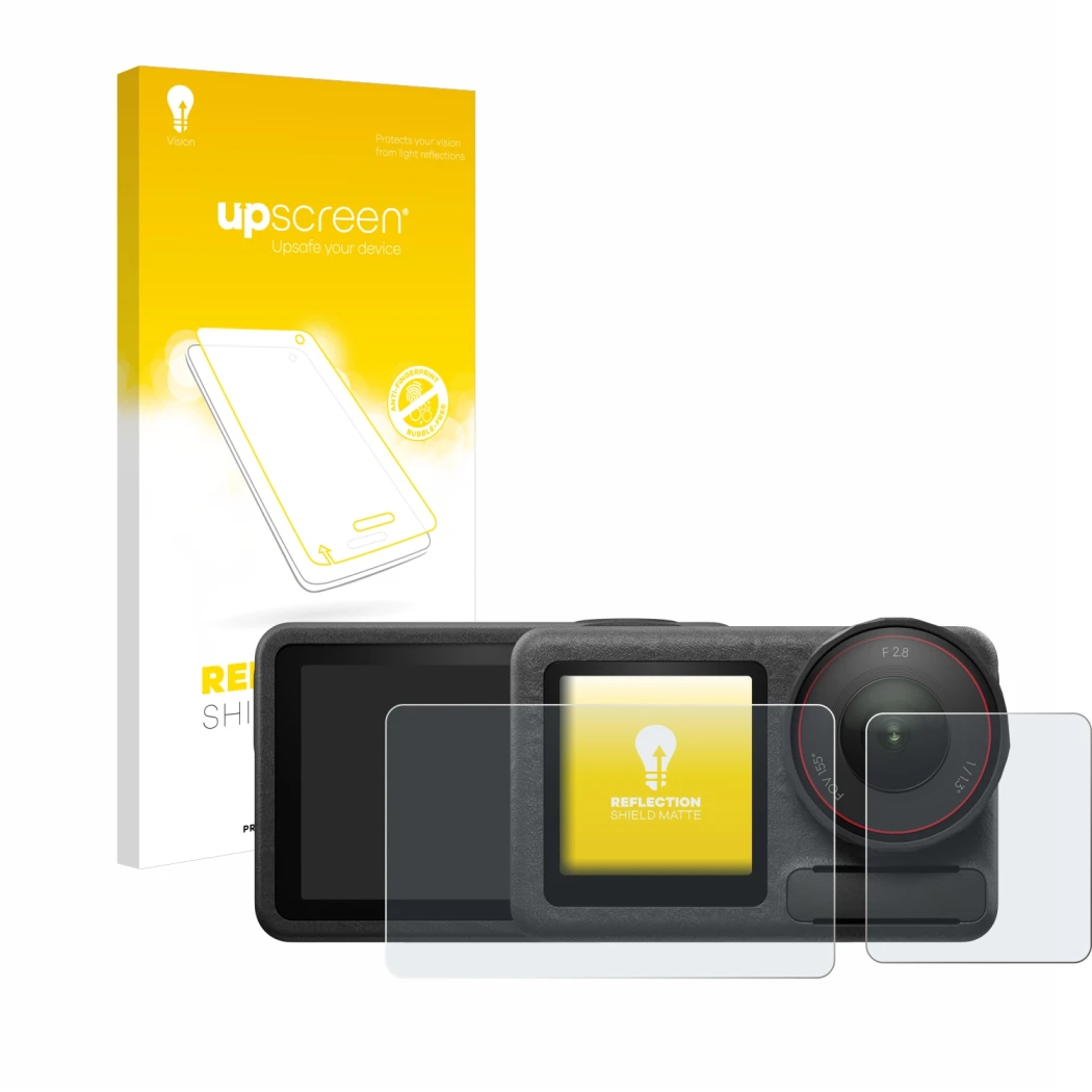 Parte frontale di una confezione del prodotto con il logo del marchio upscreen. Accanto è raffigurato il dispositivo DJI Osmo 