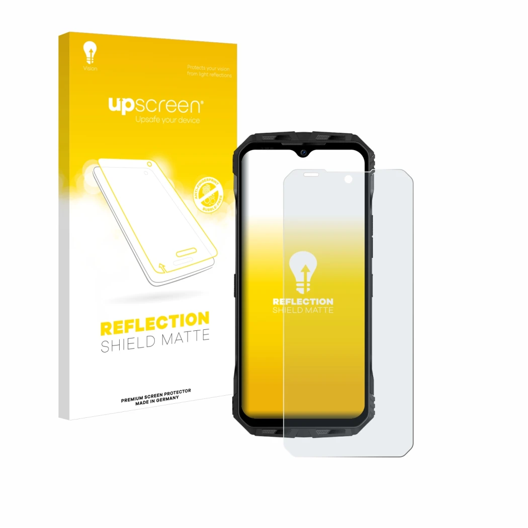 Parte frontale di una confezione del prodotto con il logo del marchio upscreen. Accanto è raffigurato il dispositivo Doogee V