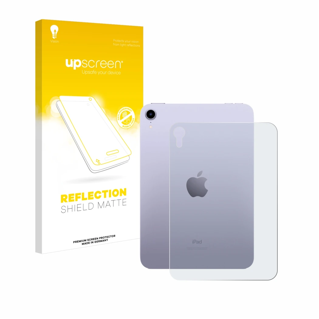 Parte frontale di una confezione del prodotto con il logo del marchio upscreen. Accanto è raffigurato il dispositivo Apple iPa
