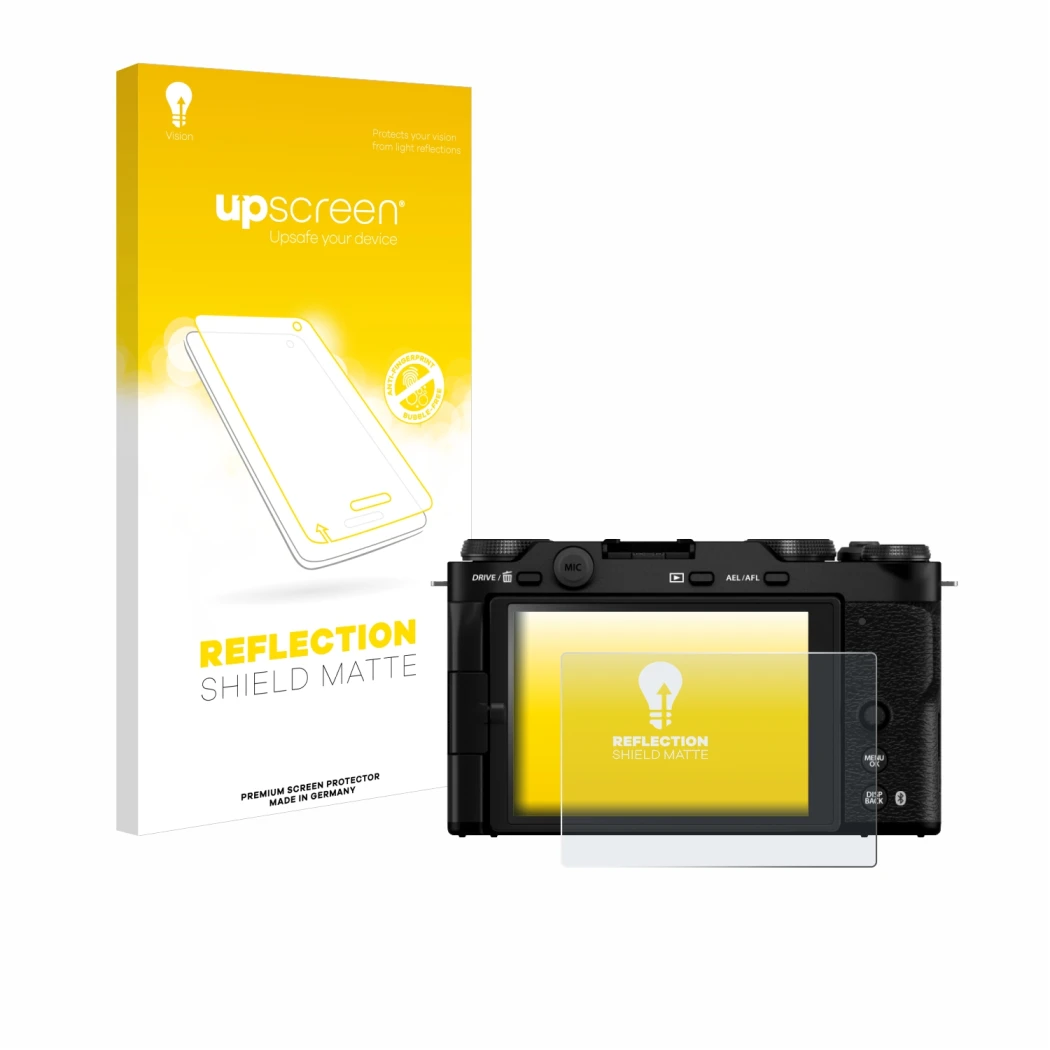 Parte frontale di una confezione del prodotto con il logo del marchio upscreen. Accanto è raffigurato il dispositivo Fujifilm
