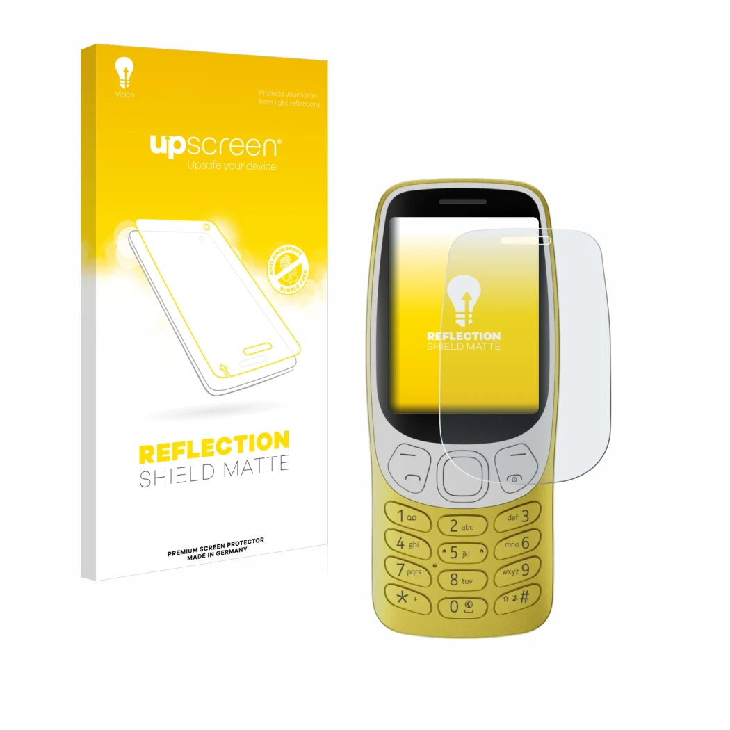 Parte frontale di una confezione del prodotto con il logo del marchio upscreen. Accanto è raffigurato il dispositivo Nokia 321