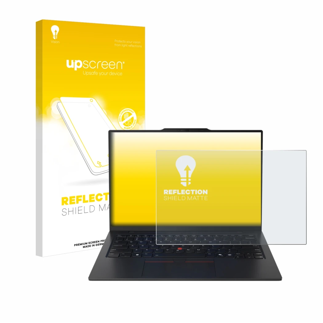 Parte frontale di una confezione del prodotto con il logo del marchio upscreen. Accanto è raffigurato il dispositivo Lenovo Th